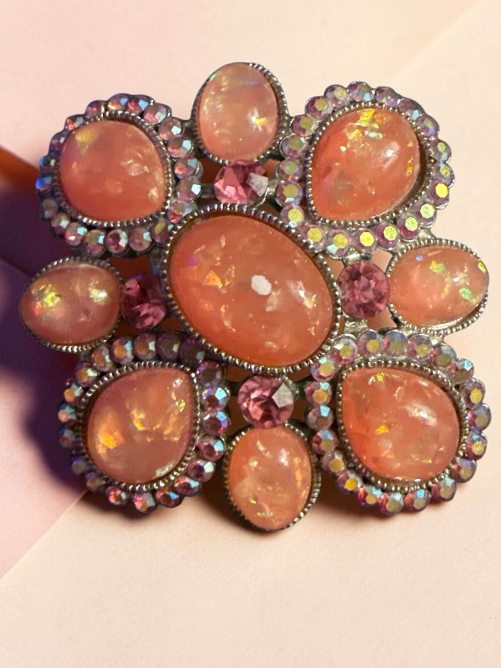 Vintage CARA Signed Opalescent Cabochon & AB Rhinestone Floral Statement Brooch